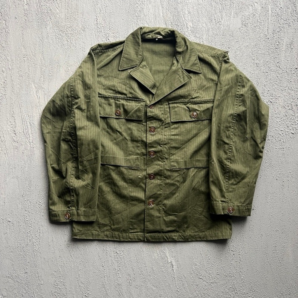 Vintage US Army HBT Shirt 36R Green 1940s WWII Herringbone DEADSTOCK